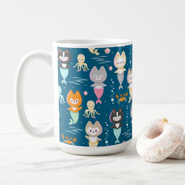 Nautical Mugs decorated with cute mermaid kittens. (With Donut)