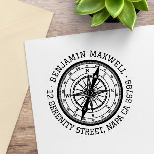Nautical Navigation Compass Round Address Rubber Stamp