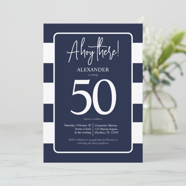 Nautical Navy 50th Birthday Party invitation (Standing Front)