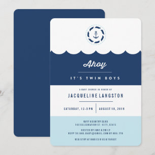 Nautical Navy Ahoy Twin Boys Baby Shower Invite