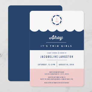 Nautical Navy Ahoy Twin Girls Baby Shower Invite