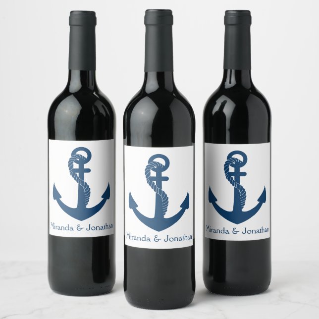 Nautical Navy Anchor Beach Wedding Bridal Shower Wine Label (Bottles)