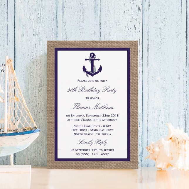 Nautical Navy Anchor Burlap Beach Birthday Party Invitation (Creator Uploaded)