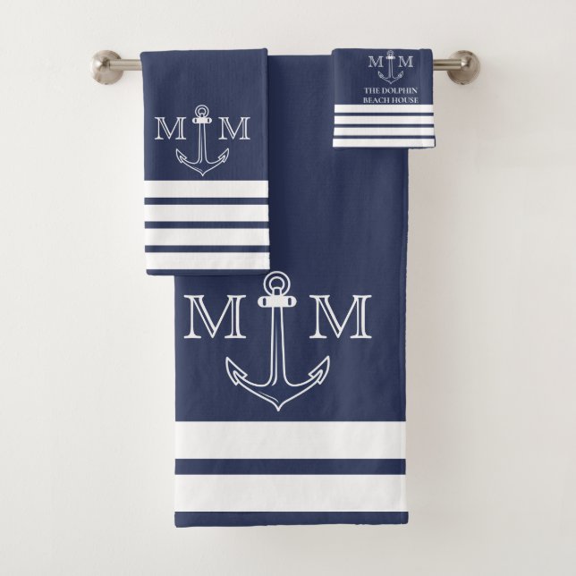 Nautical Navy Anchor Coastal Monogram Name Bath To Bath Towel Set (Insitu)