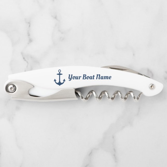 Nautical Navy Anchor Custom Boat Name Corkscrew (Front)