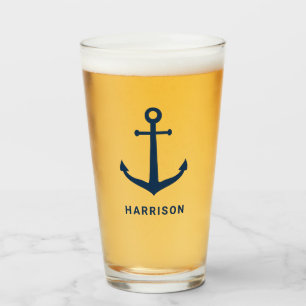 Nautical Navy Anchor Custom Name Monogram Glass