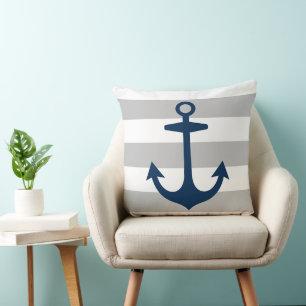 Nautical Navy Anchor Grey White Stripe Cushion
