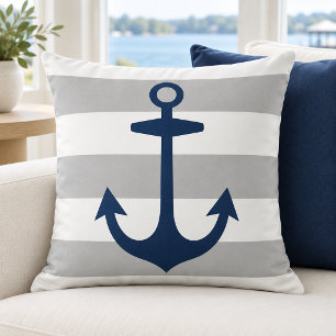 Nautical Navy Anchor Grey White Stripe Cushion