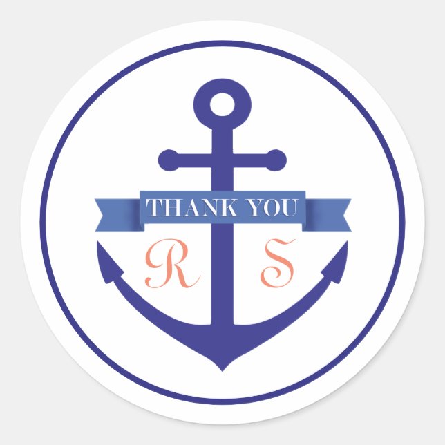 Nautical Navy Anchor Initials Thank You Classic Round Sticker (Front)