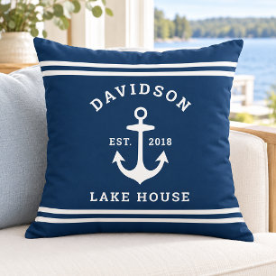 Nautical Navy Anchor Lake House Monogram Cushion
