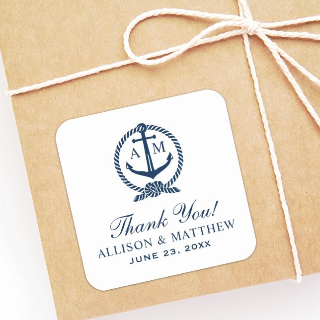 Nautical Navy Anchor Monogram Wedding Square Sticker (Creator Uploaded)