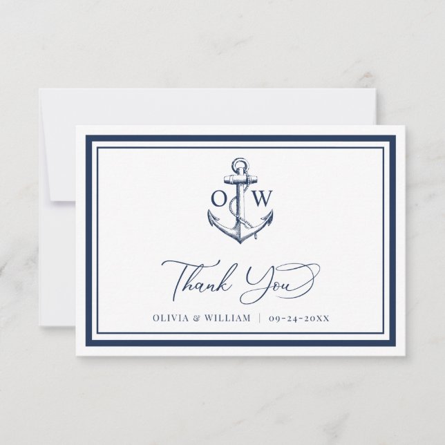 Nautical Navy Anchor Monogram Wedding  Thank You Card (Front)
