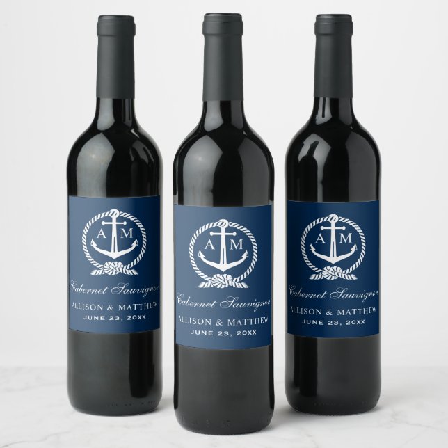 Nautical Navy Anchor Monogram Wedding Wine Label (Bottles)
