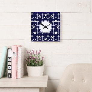 Nautical Navy Anchor Pattern Square Wall Clock