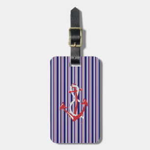 Nautical Navy Anchor,Red, Blue Stripes Luggage Tag