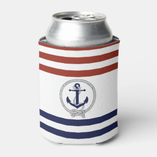 Nautical navy anchor/rope, red/blue stripe can cooler