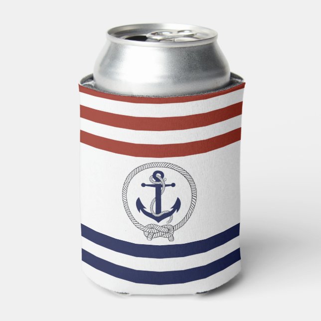Nautical navy anchor/rope, red/blue stripe can cooler (Can Front)