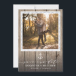 Nautical Navy Anchor Rustic Wood Photo Wedding Save The Date<br><div class="desc">When you are having a beach-inspired wedding and you want a little rustic flare this wedding suite accomplishes both. This invitation features a rustic wood background,  a dash line border,  and a nautical navy blue anchor.</div>