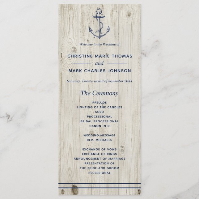 Nautical Navy Anchor Rustic Wood Wedding Programme (Front)
