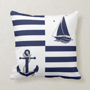 Nautical navy anchor/sailboat/navy blue stripe cushion