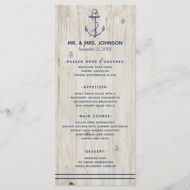 Nautical Navy Anchor Sea Rustic Wood Wedding Menu (Front)
