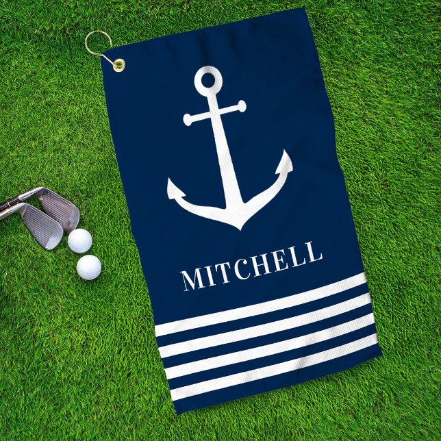 Nautical Navy Anchor Stripe Monogram Name Golf Towel (Creator Uploaded)