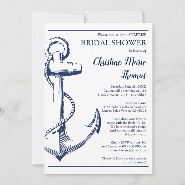 Nautical Navy Anchor Surprise Bridal Shower Recipe Invitation (Front)