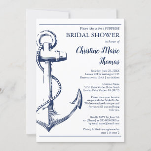 Nautical Navy Anchor Surprise Bridal Shower Recipe Invitation