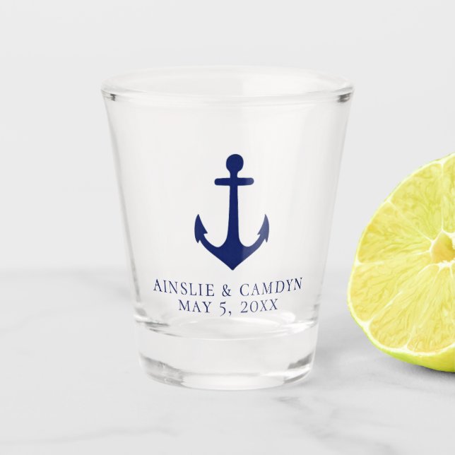 Nautical Navy Anchor Wedding Favour Shot Glass (Front)