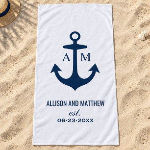 Nautical Navy Anchor Wedding Monogram Beach Towel