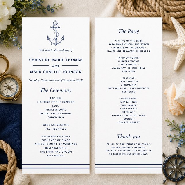 Nautical Navy Anchor Wedding Programme (A nautical themed program perfect for beach weddings and weddings by the sea! )