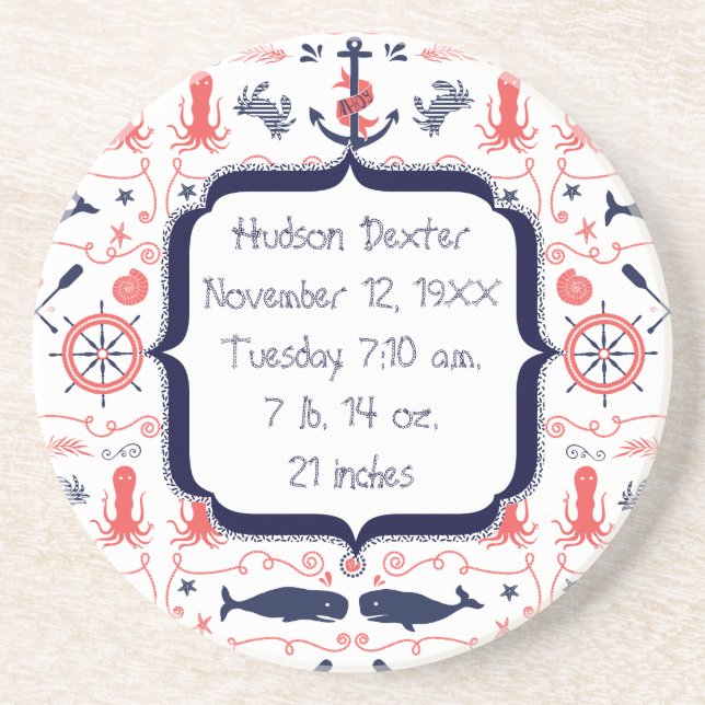 Nautical Navy Anchor,Whale Octopus Pattern Coaster (Front)