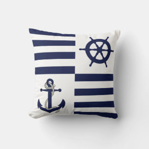 Nautical navy anchor/wheel/navy blue stripe cushion
