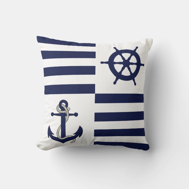 Nautical navy  anchor/wheel/navy blue stripe cushion (Front)
