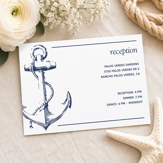 Nautical Navy Anchor White Reception Enclosure Card (Tie the knot with this nautical inspired reception card with a navy anchor wedding reception card.)