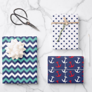 Nautical Navy Anchors Cute Polka Dot Zig Zag Boy Wrapping Paper Sheet