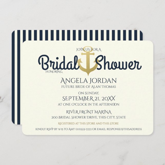 Nautical Navy and Gold Anchor Bridal Shower Invitation (Front/Back)