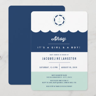 Nautical Navy And Mint Ahoy Twins Chic Baby Shower Invitation