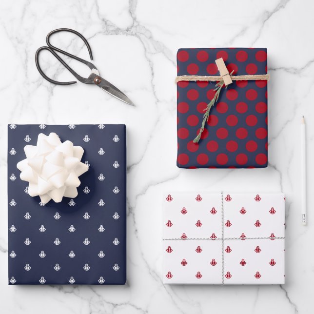Nautical Navy and Red Wrapping Paper Sheet (Front)