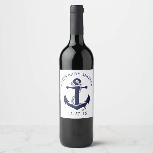 Nautical Navy and White Anchor Baby Shower Wine Label (Front)