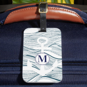 Nautical Navy and White Anchor Monogram Luggage Tag