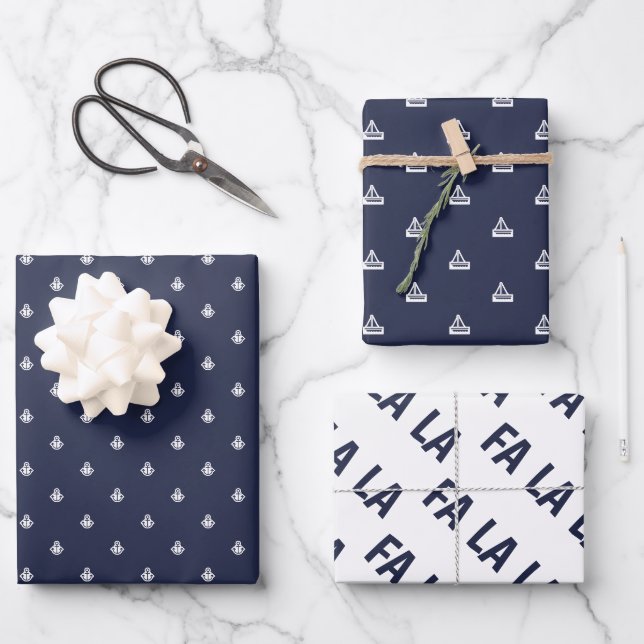 Nautical Navy and White Fa La La Wrapping Paper Sheet (Front)