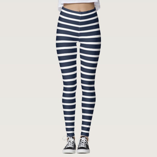 Nautical Navy and White Horizontal Stripes Leggings (Front)