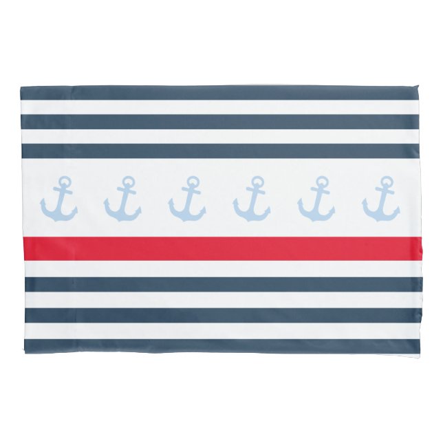 Nautical Navy and White Stripe Anchor Pillow Case (Front)