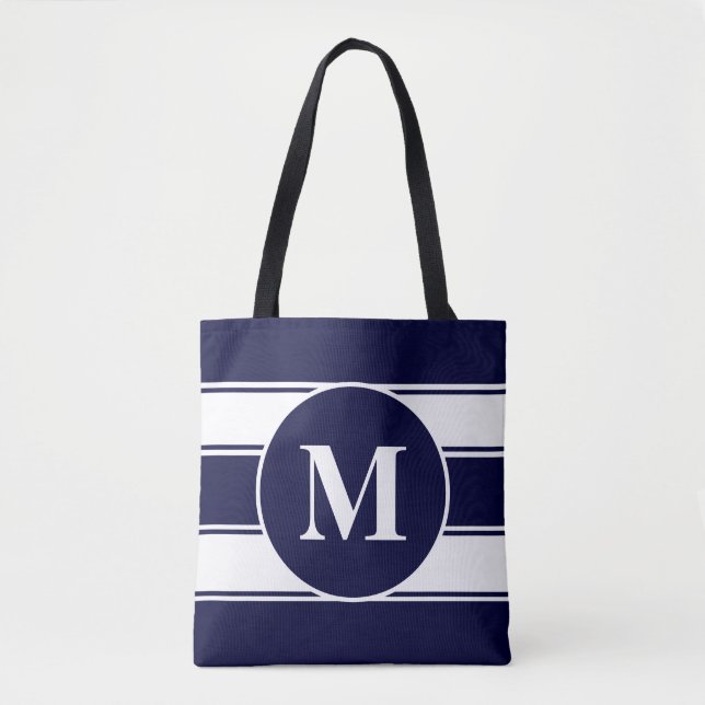 Nautical Navy and White Stripe Monogram Tote Bag (Front)