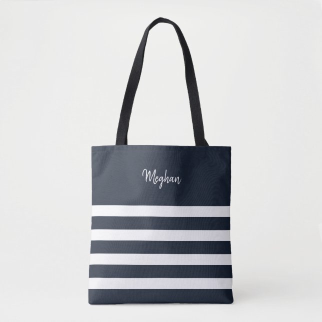 Nautical Navy and White Stripe Personalised Tote Bag (Front)