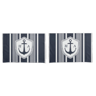 Nautical Navy and White Stripes with Anchor  Pillowcase