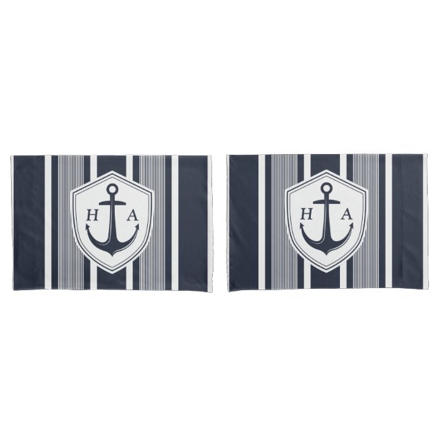 Nautical Navy and White Stripes with Anchor  Pillowcase (Front-Set)