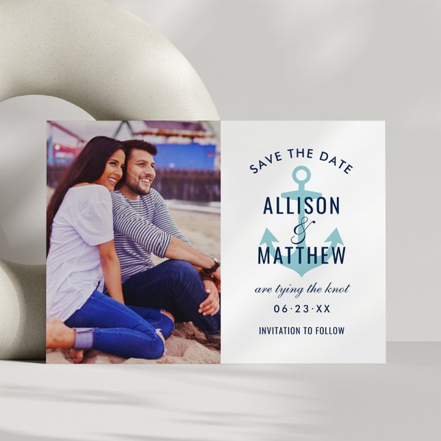 Nautical Navy Aqua Blue Anchor Wedding Photo Save The Date (Creator Uploaded)