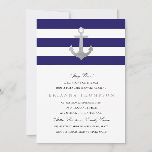 Nautical Navy Baby Shower | Silver Invitation (Front)